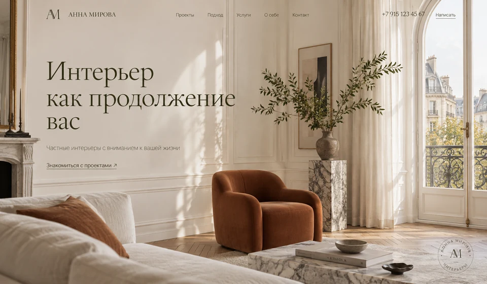 Концепт первого экрана портфолио дизайнера интерьеров: спокойный интерьер и авторская подача